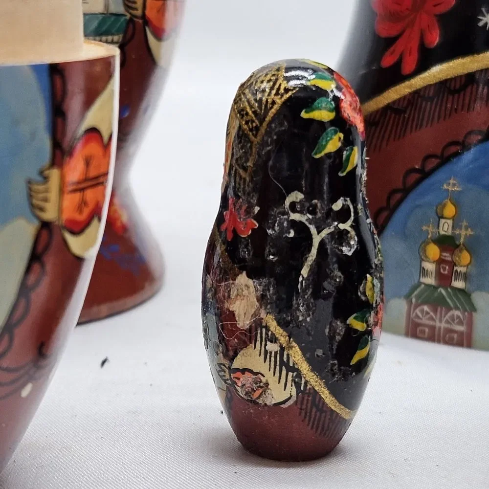 HAND PAINTED Russian Nesting Dolls Three‎ layers *DOG CHEWED